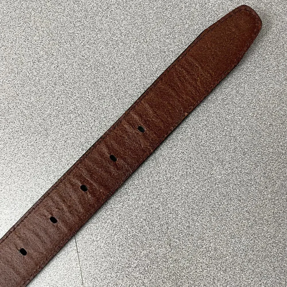 Fossil Brown Leather Belt Mens 38 Silver Buckle Woven 1.25